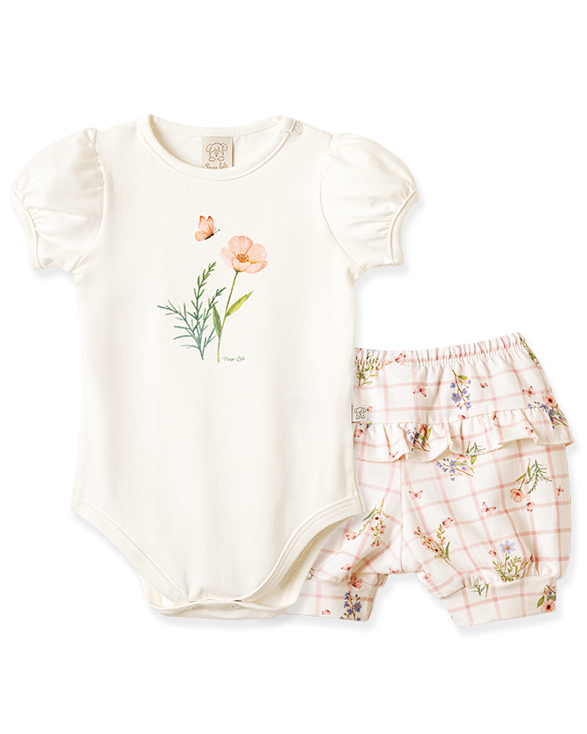 Conjunto Body Manga Curta e Shorts Xadrez Floral – foto do produto