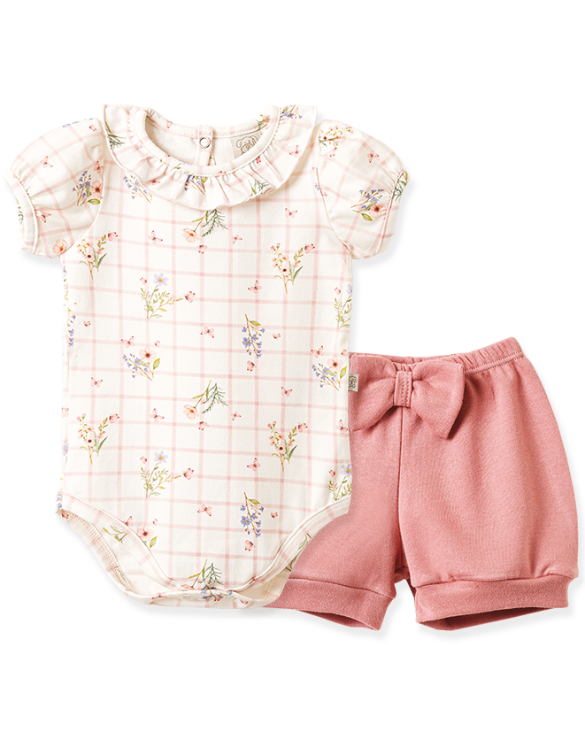 Conjunto Body Manga Curta e Shorts Xadrez Floral – foto do produto