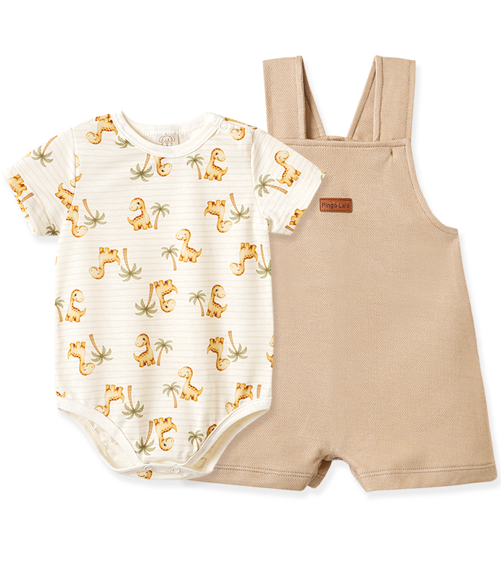Conjunto Body Manga Curta e Jardineira Dino Floresta – foto do produto