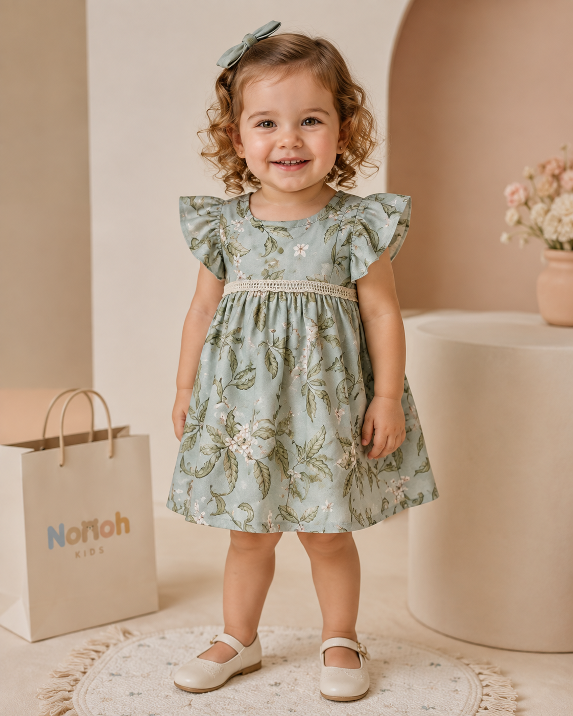 Vestido Helena – Menina de cabelos cacheados com vestido floral e laço