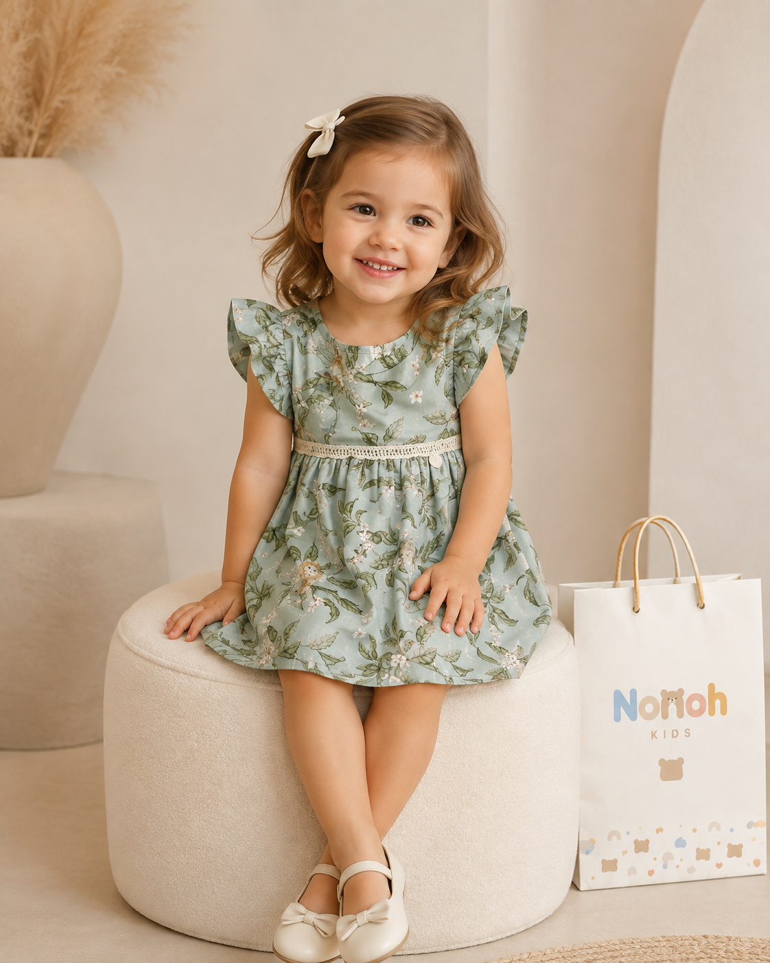 Vestido Helena – Menina sentada sorrindo com vestido floral