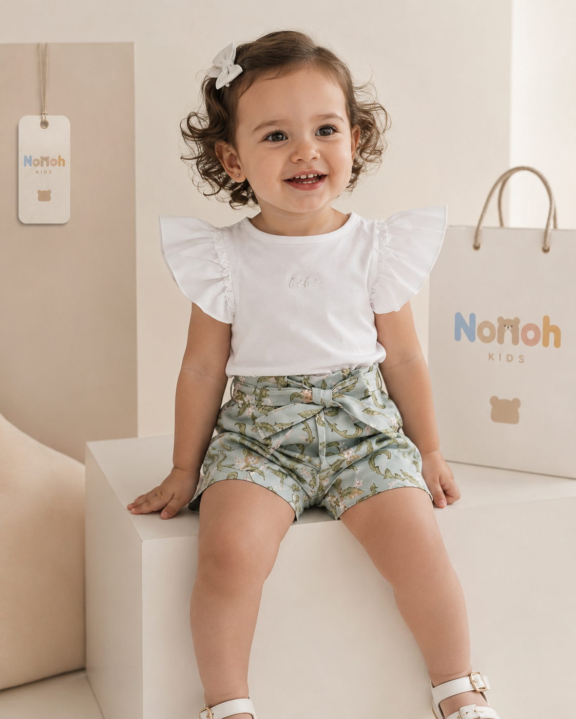 Conjunto Pérolla – Menina sentada sorrindo com conjunto branco e shorts floral
