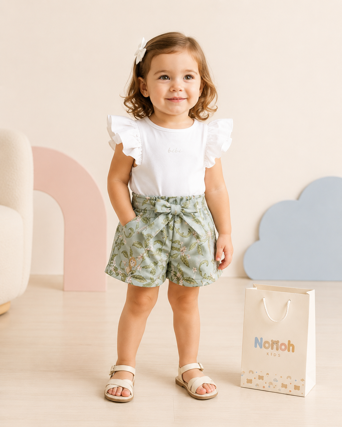Conjunto Pérolla – Menina sorrindo com mãos nos bolsos do shorts floral