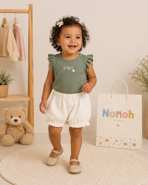 Conjunto Bella – Body verde sálvia com bordado floral e shorts bloomer branco