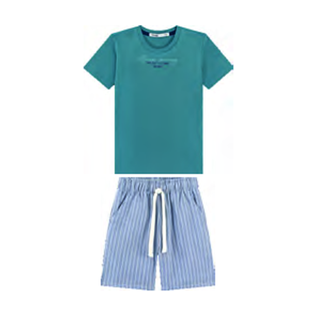 Foto limpa sem recorte de catálogo — Conjunto Camiseta em Meia Malha Penteada e Bermuda em Tecido Listras Capri — ref. 33117