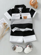 Camiseta polo e shorts do conjunto infantil listrado com ursinho