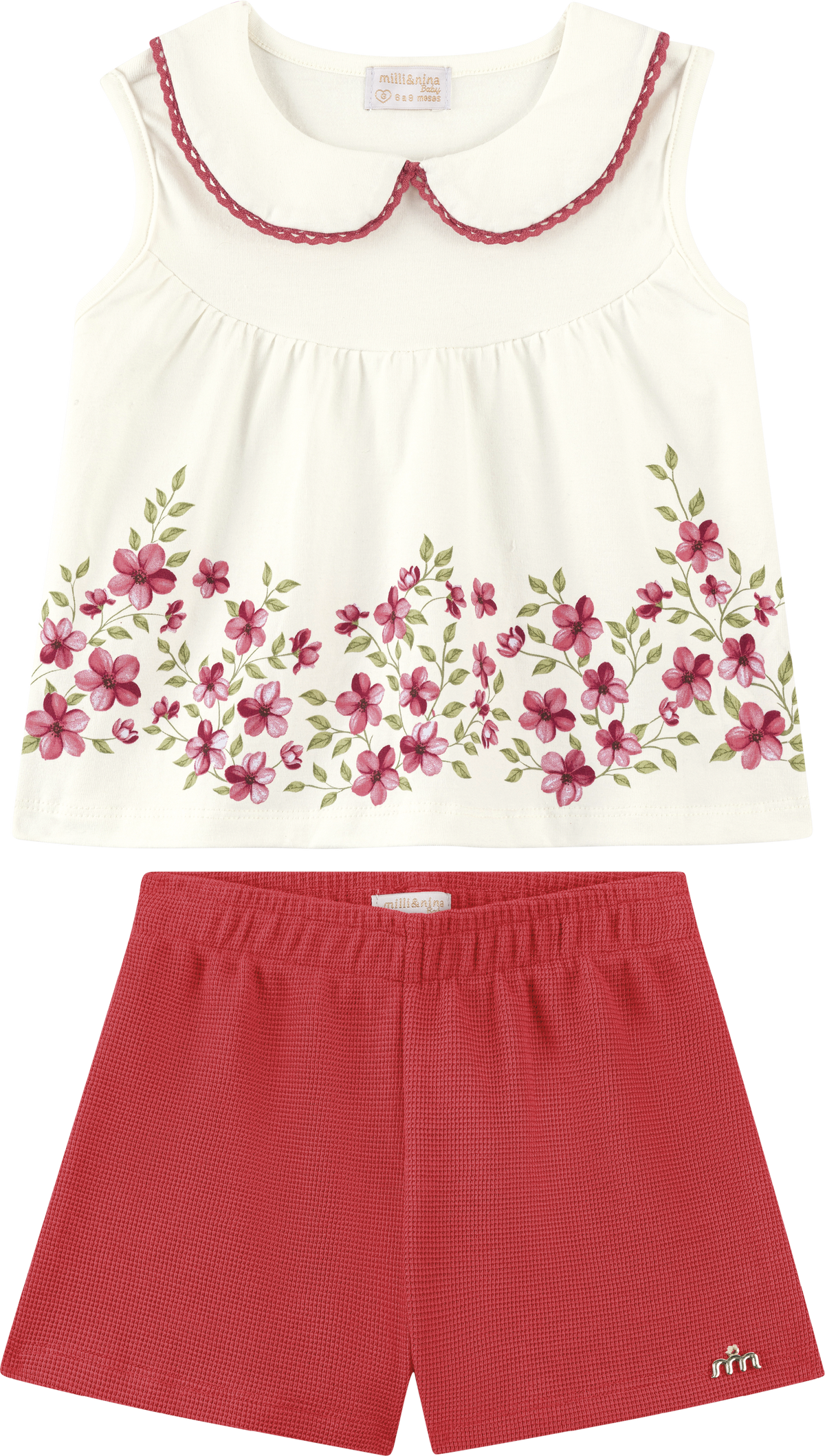 Foto oficial em alta — Conjunto de Blusa em Cotton Penteado e Short em Malha Wafer — BG0026 — frente