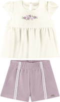 Foto oficial em alta — Conjunto Blusa em Tecido Listras Harmonia e Shorts em Malha Wafer — BG0026 — frente