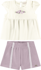 Foto oficial em alta — Conjunto Blusa em Tecido Listras Harmonia e Shorts em Malha Wafer — BG0026 — frente