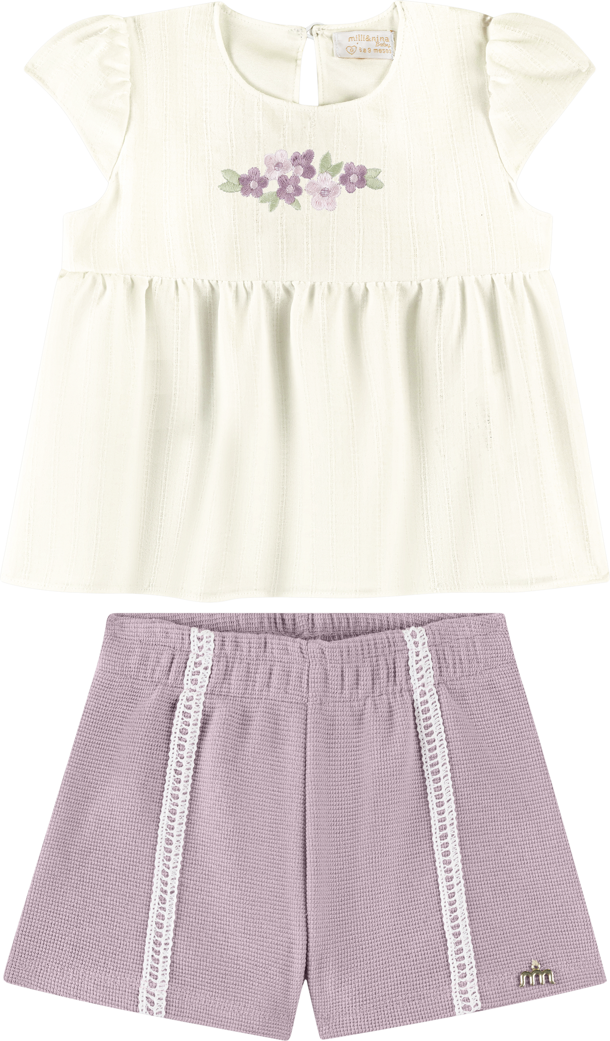 Foto oficial em alta — Conjunto Blusa em Tecido Listras Harmonia e Shorts em Malha Wafer — BG0026 — frente