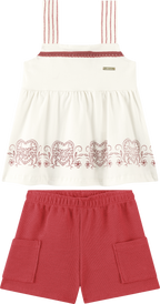 Foto oficial em alta — Conjunto Blusa em Cotton Penteado Shorts em Malha Wafer — BG0026 — frente