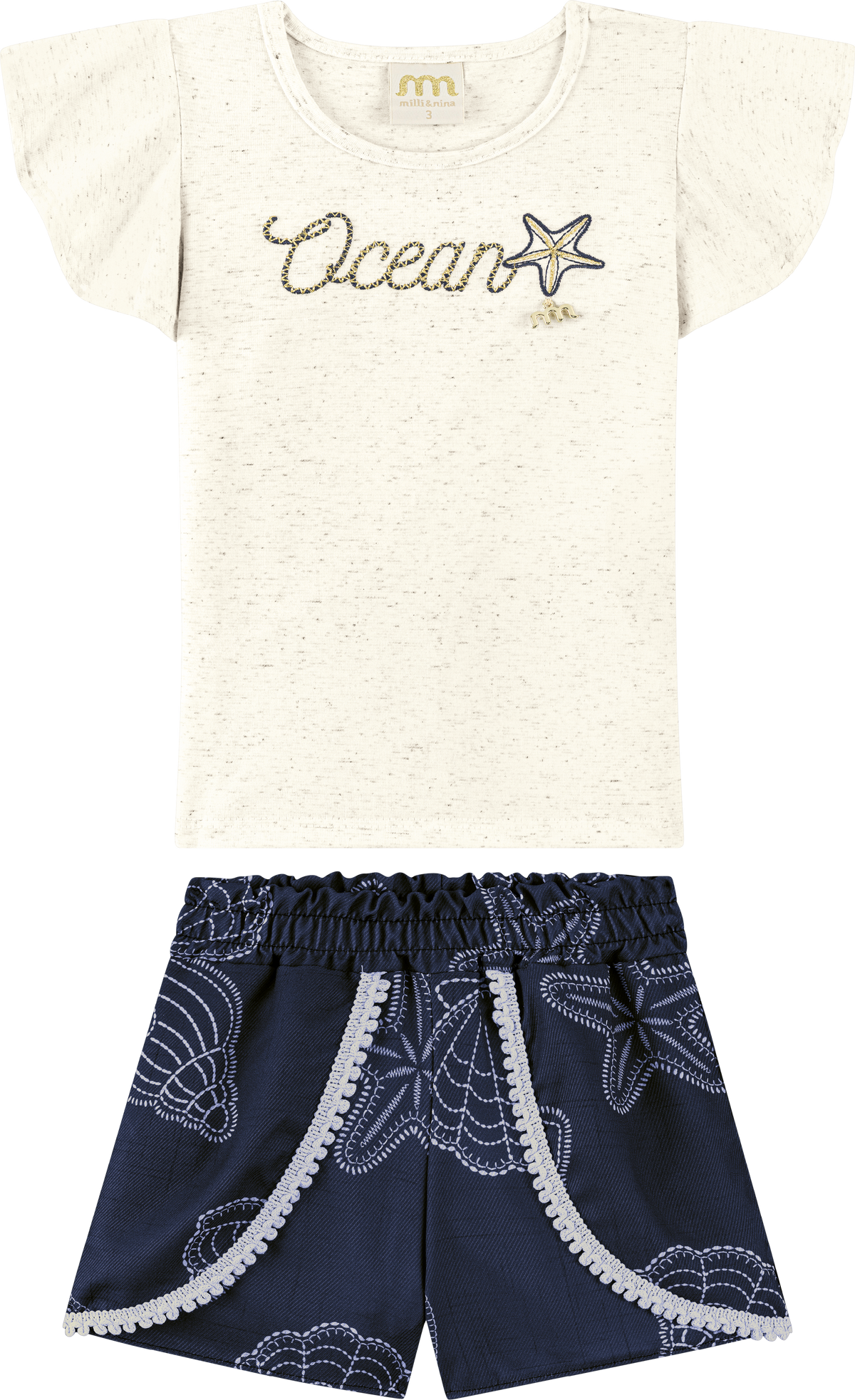 Foto oficial em alta — Conjunto Blusa em Cotton Linho e Shorts em Viscolinho Delicate Shells — BG0026 — frente
