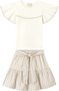 Foto oficial em alta — Blusa em Cotton Penteado e Saia em Tecido Sand Glow — BG0026 — frente