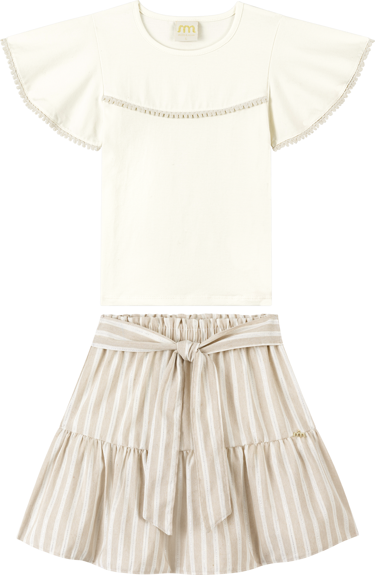 Foto oficial em alta — Blusa em Cotton Penteado e Saia em Tecido Sand Glow — BG0026 — frente