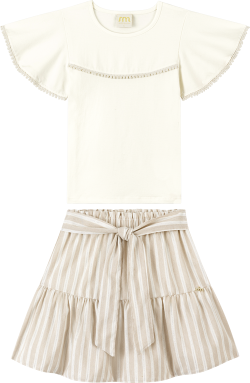 Foto oficial em alta — Blusa em Cotton Penteado e Saia em Tecido Sand Glow — BG0026 — frente