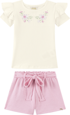 Foto oficial em alta — Conjunto Blusa em Canelado e Shorts em Cotton Bee Honey — BG0048 — frente