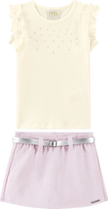 Foto oficial em alta — Conjunto Blusa em Canelado e Short-saia em Tecido Twill Brilho — BG0048 — frente