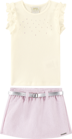 Foto oficial em alta — Conjunto Blusa em Canelado e Short-saia em Tecido Twill Brilho — BG0048 — frente