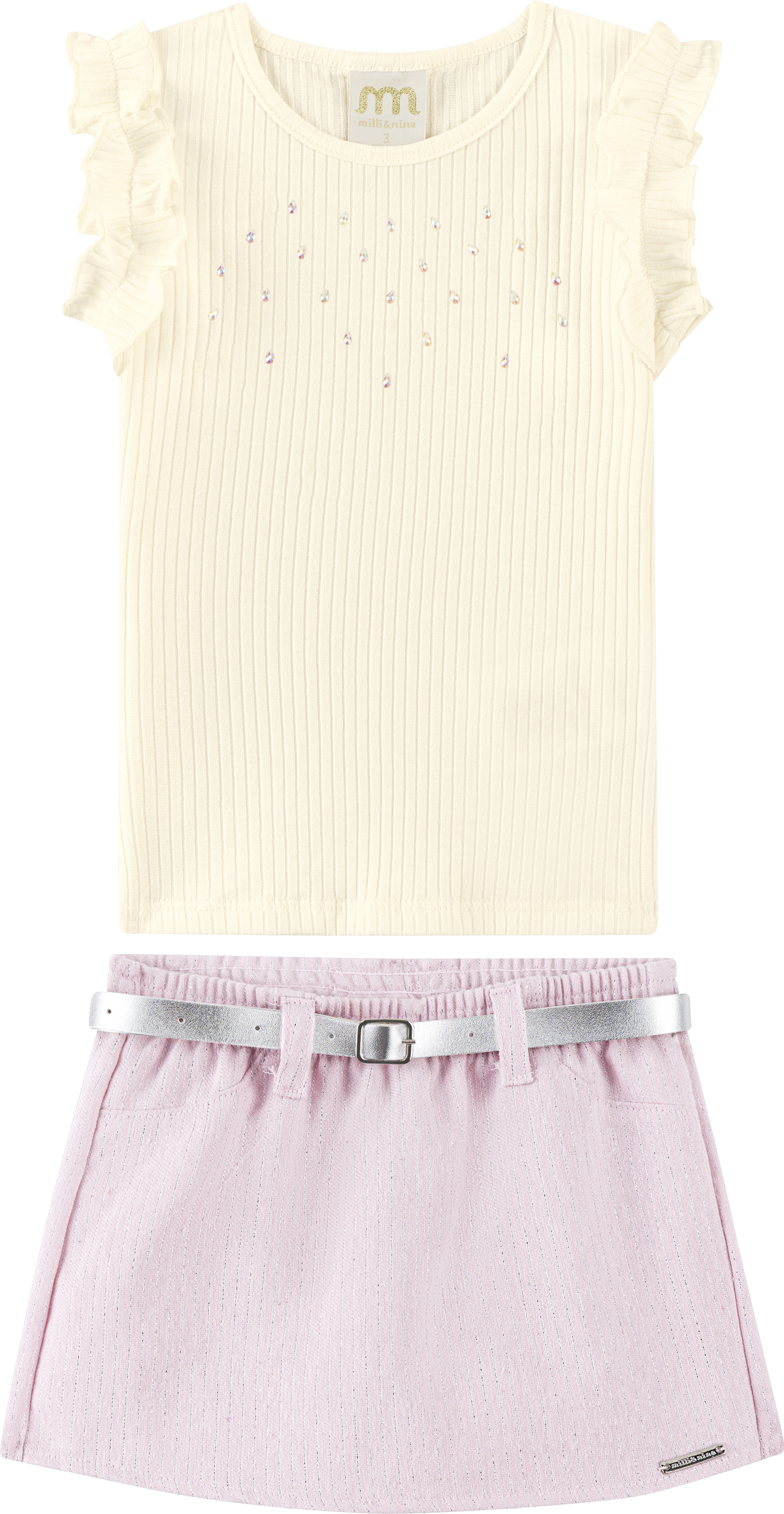 Foto oficial em alta — Conjunto Blusa em Canelado e Short-saia em Tecido Twill Brilho — BG0048 — frente