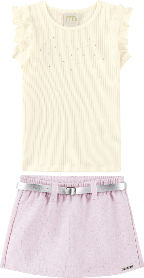 Foto oficial em alta — Conjunto Blusa em Canelado e Short-saia em Tecido Twill Brilho — BG0048 — frente