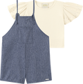 Foto oficial em alta — Conjunto Blusa em Cotton Penteado Jardineira em Tecido Twill Brilho — AZ0272 — frente