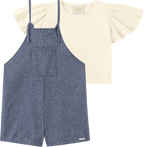 Foto oficial em alta — Conjunto Blusa em Cotton Penteado Jardineira em Tecido Twill Brilho — AZ0272 — frente