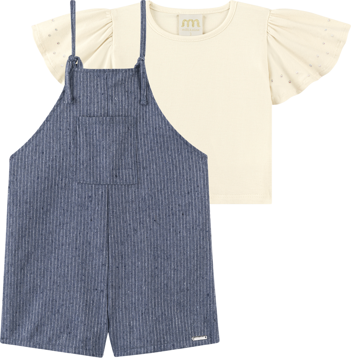 Foto oficial em alta — Conjunto Blusa em Cotton Penteado Jardineira em Tecido Twill Brilho — AZ0272 — frente