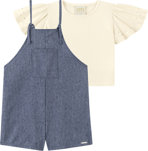 Foto oficial em alta — Conjunto Blusa em Cotton Penteado Jardineira em Tecido Twill Brilho — AZ0272 — frente