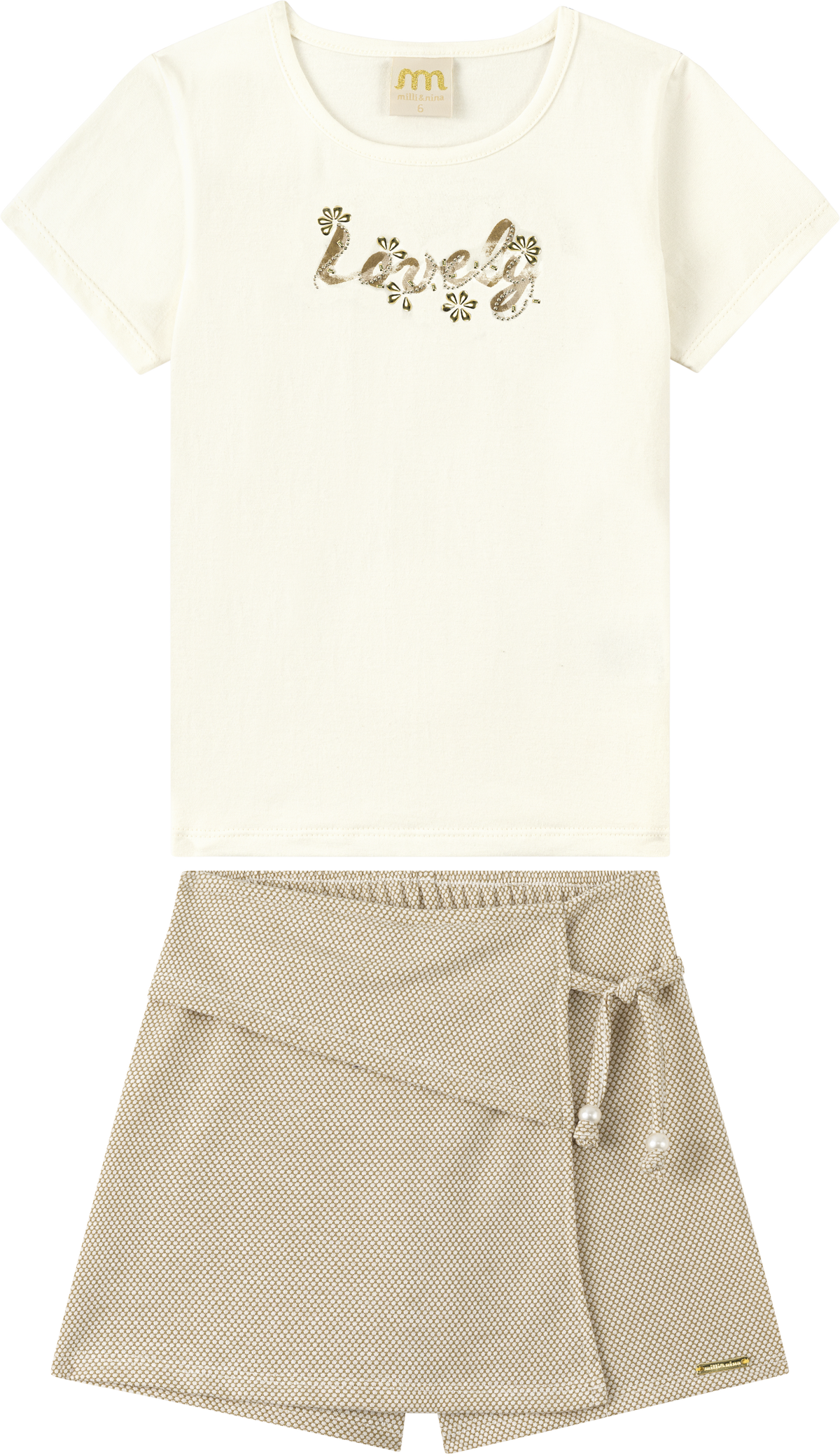 Foto oficial em alta — Conjunto Blusa em Cotton Penteado Short-saia em Cotton Bee Honey — BG0026 — frente