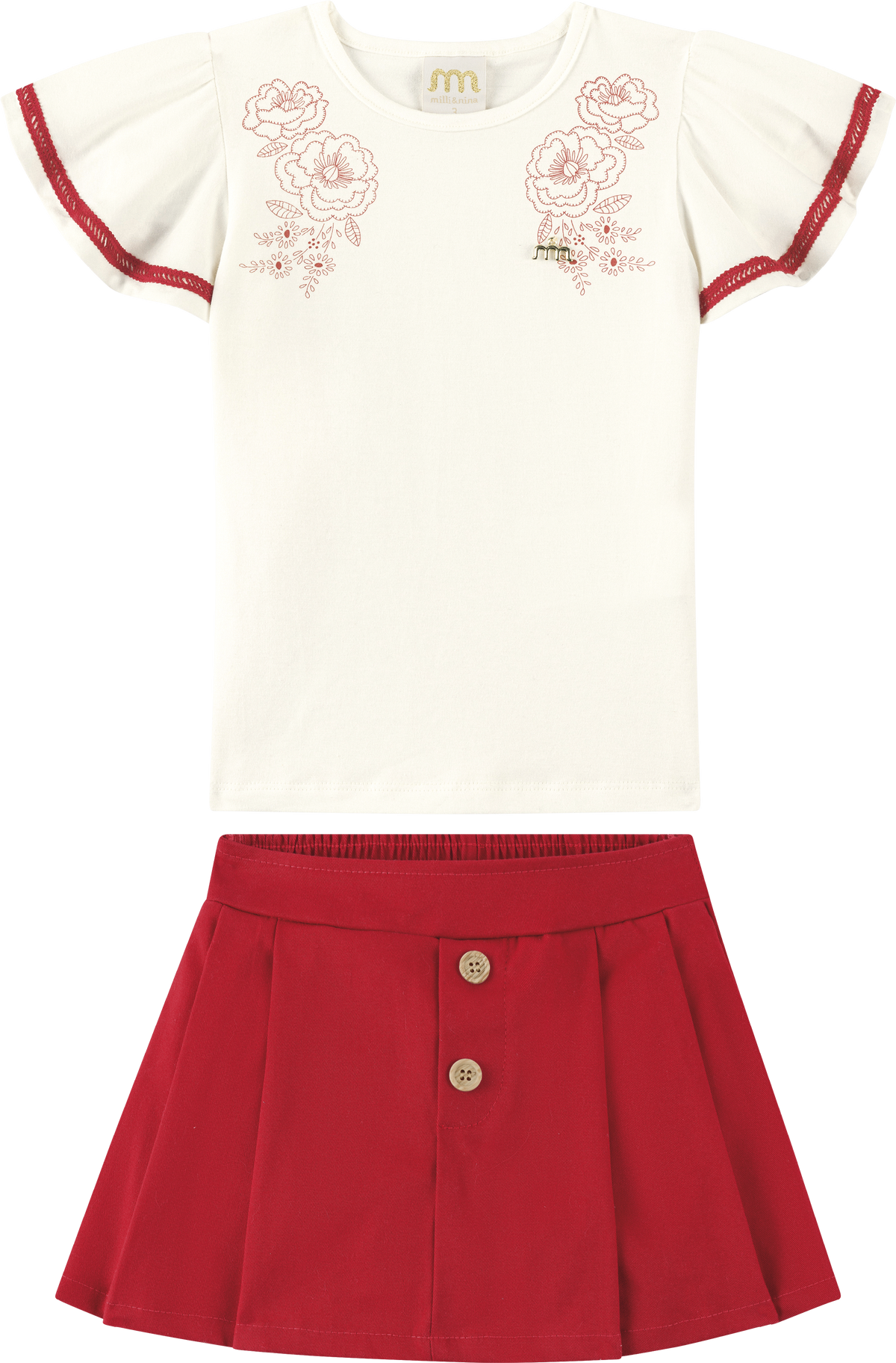 Foto oficial em alta — Conjunto Blusa em Cotton Penteado Short-saia em Sarja Juparanã — BG0026 — frente