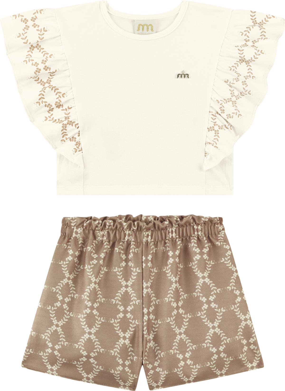 Foto oficial em alta — Conjunto Blusa em Cotton Penteado Shorts em Tecido Milano Milange Laise Arabesco — BG0026 — frente