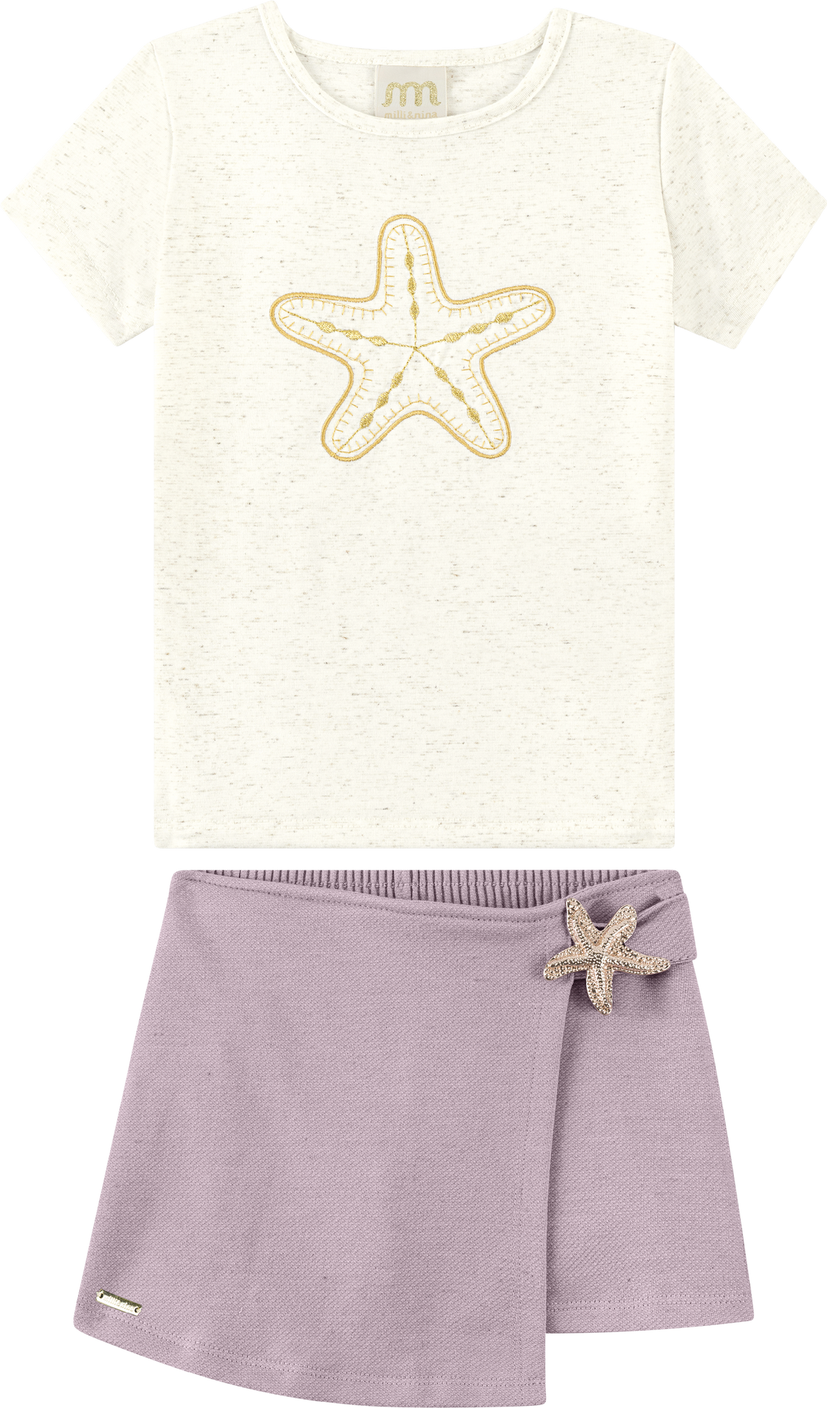 Foto oficial em alta — Conjunto Blusa em Cotton Linho e Short-saia em Moletinho Linho — BG0026 — frente