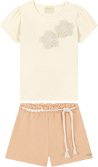 Foto oficial em alta — Conjunto Blusa em Cotton Penteado Shorts em Moletinho Linho — BG0048 — frente