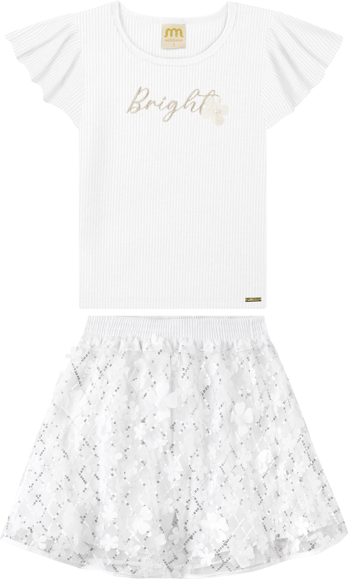 Foto oficial em alta — Conjunto Blusa em Punho e Saia em Cristal Florido — BC0001 — frente