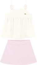 Foto oficial em alta — Conjunto Blusa em Tecido Listras Harmonia e Short Saia em Sarja com Elastano — BG0026 — frente