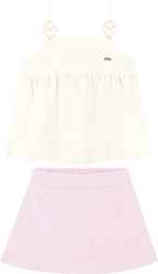 Foto oficial em alta — Conjunto Blusa em Tecido Listras Harmonia e Short Saia em Sarja com Elastano — BG0026 — frente