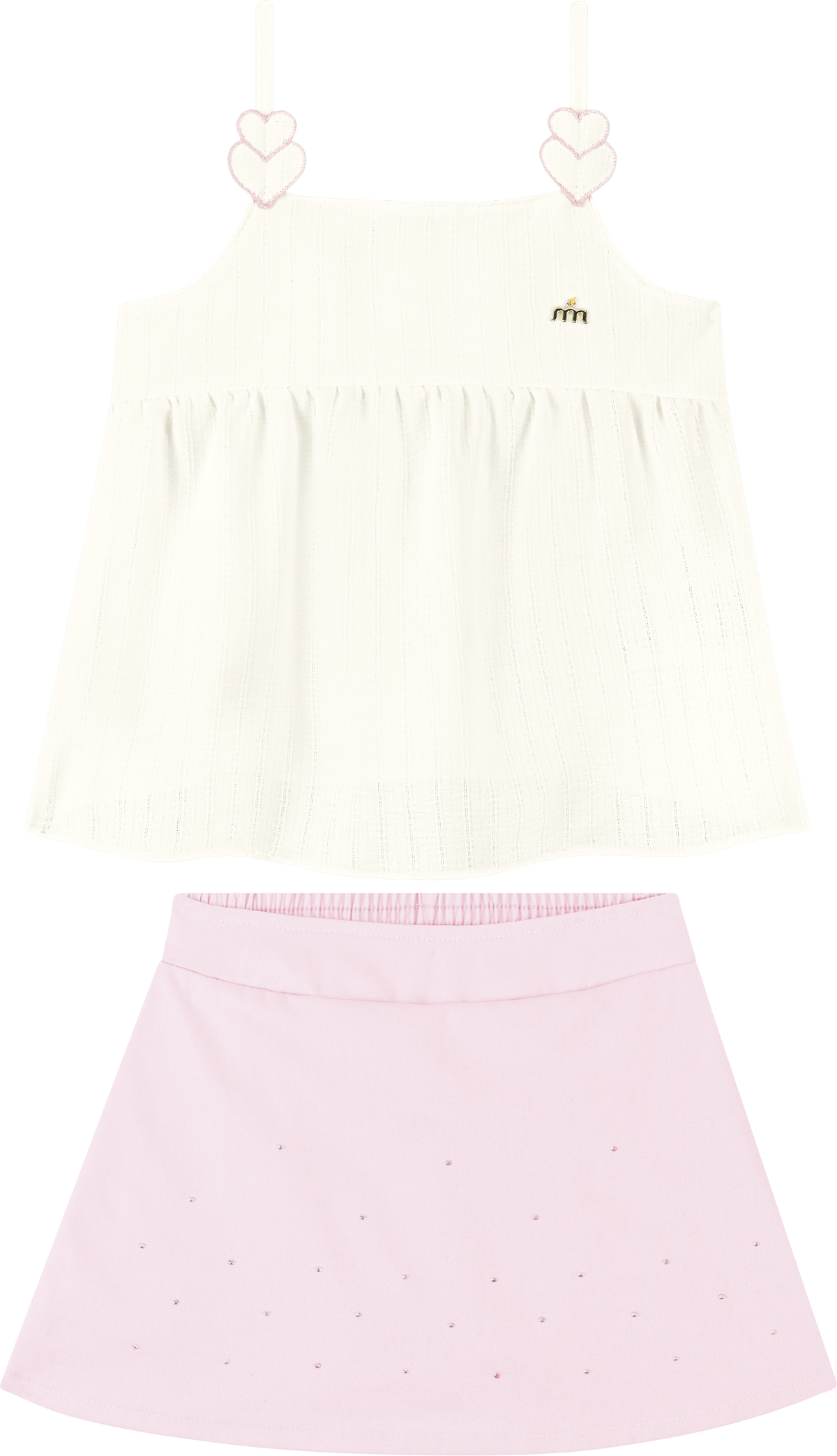 Foto oficial em alta — Conjunto Blusa em Tecido Listras Harmonia e Short Saia em Sarja com Elastano — BG0026 — frente