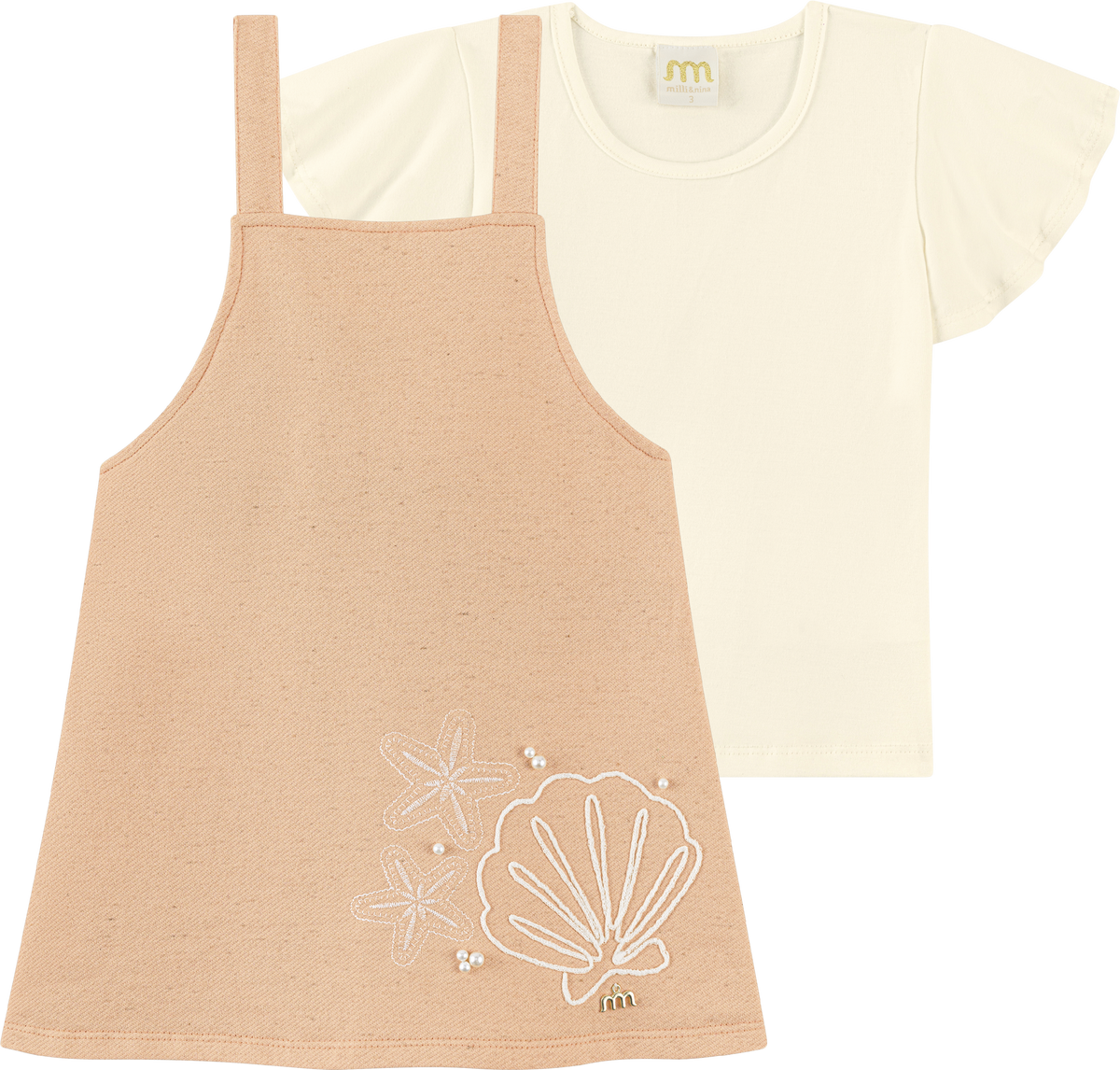 Foto oficial em alta — Conjunto Blusa em Cotton Penteado Salopete em Moletinho Linho — LJ0129 — frente