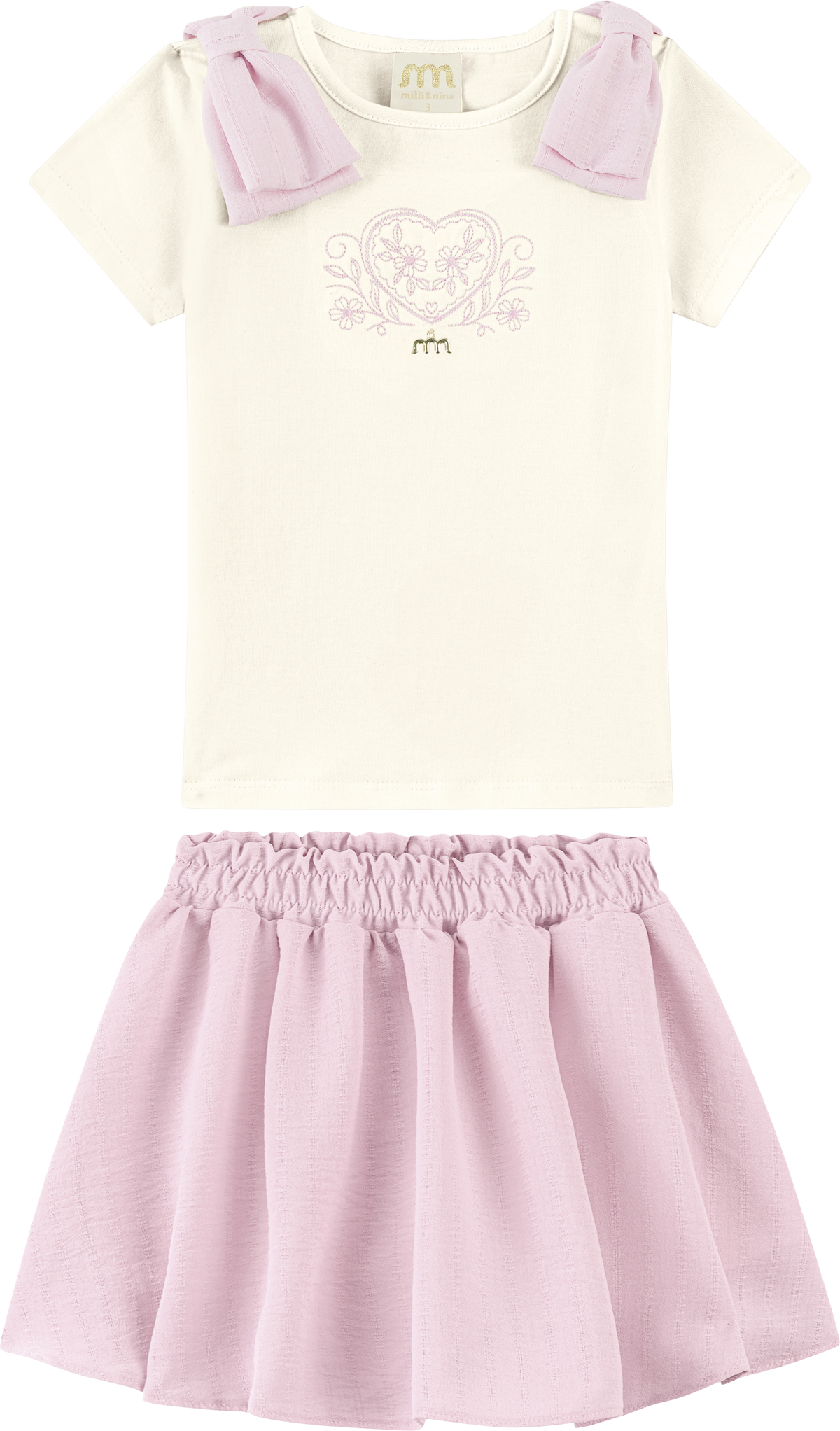 Foto oficial em alta — Conjunto Blusa em Cotton Penteado Saia em Tecido Listras Harmonia — BG0026 — frente