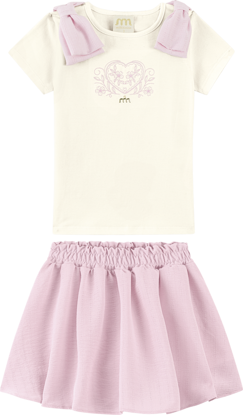 Foto oficial em alta — Conjunto Blusa em Cotton Penteado Saia em Tecido Listras Harmonia — BG0026 — frente