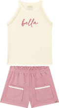Foto oficial em alta — Conjunto Blusa em Canelado e Shorts em Cotton Bee Honey — BG0048 — frente