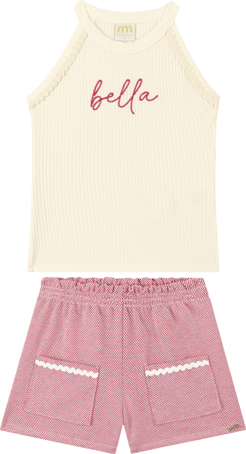 Foto oficial em alta — Conjunto Blusa em Canelado e Shorts em Cotton Bee Honey — BG0048 — frente