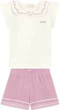 Foto oficial em alta — Conjunto Blusa em Cotton Penteado Shorts em Malha Wafer — BG0026 — frente