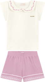 Foto oficial em alta — Conjunto Blusa em Cotton Penteado Shorts em Malha Wafer — BG0026 — frente