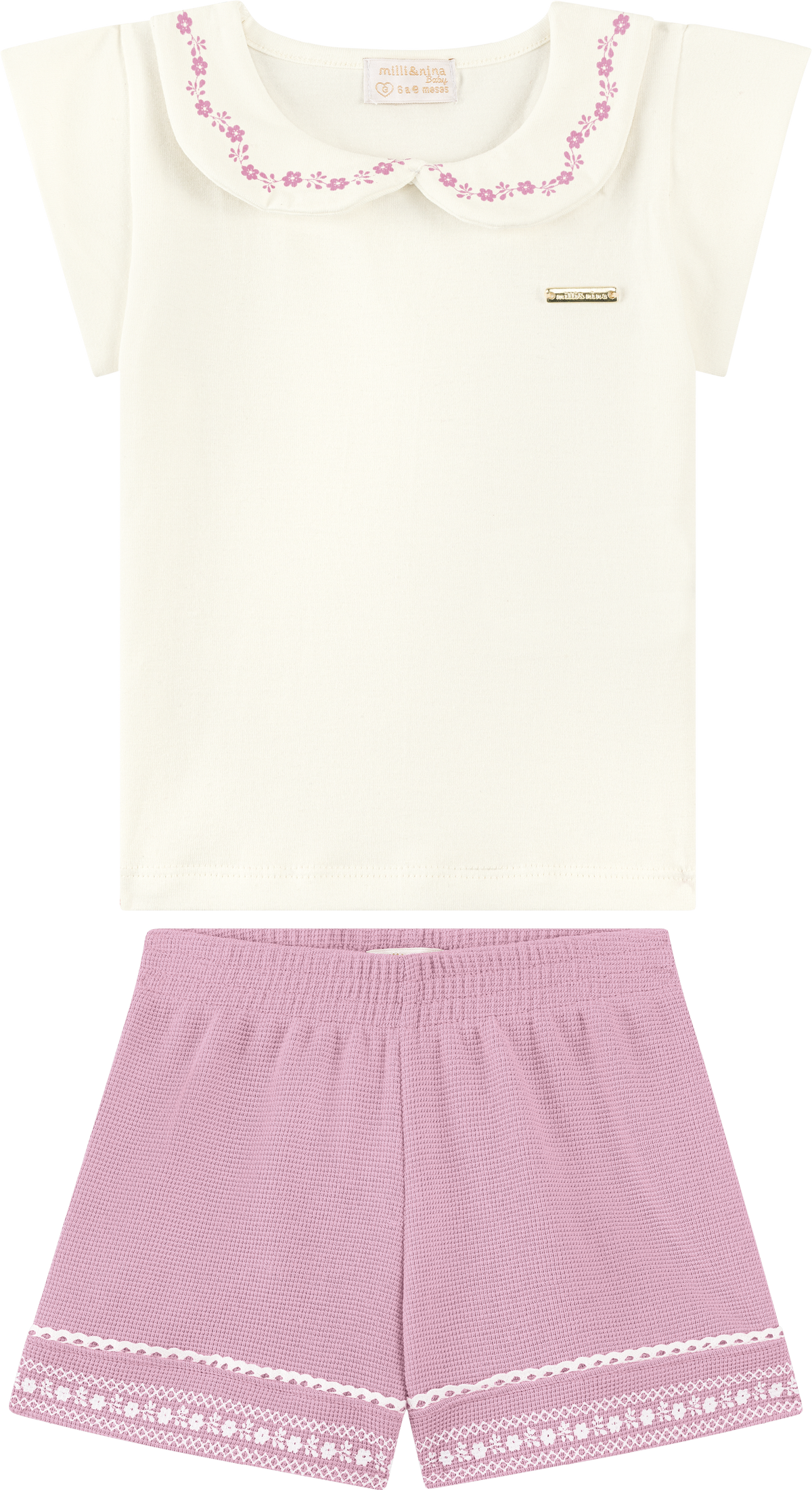 Foto oficial em alta — Conjunto Blusa em Cotton Penteado Shorts em Malha Wafer — BG0026 — frente