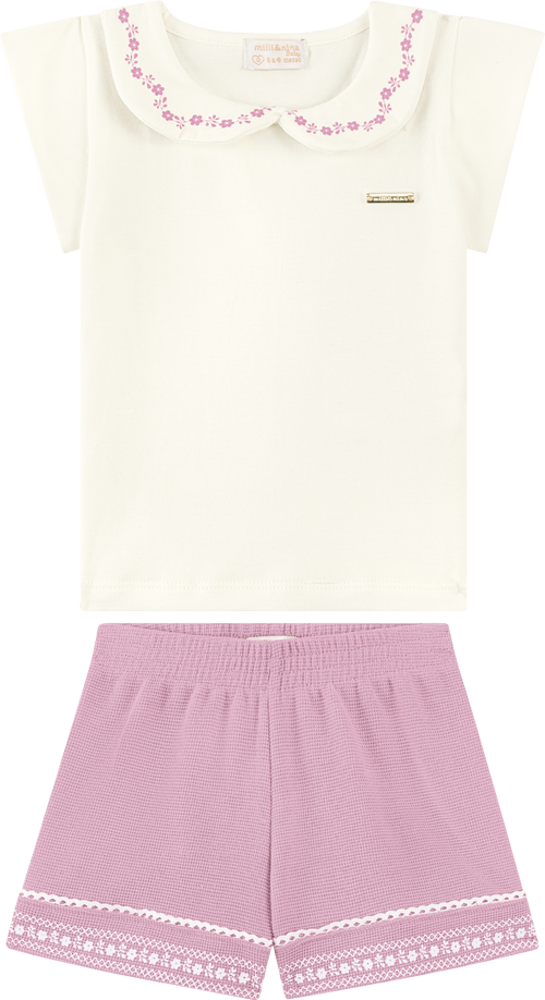 Foto oficial em alta — Conjunto Blusa em Cotton Penteado Shorts em Malha Wafer — BG0026 — frente
