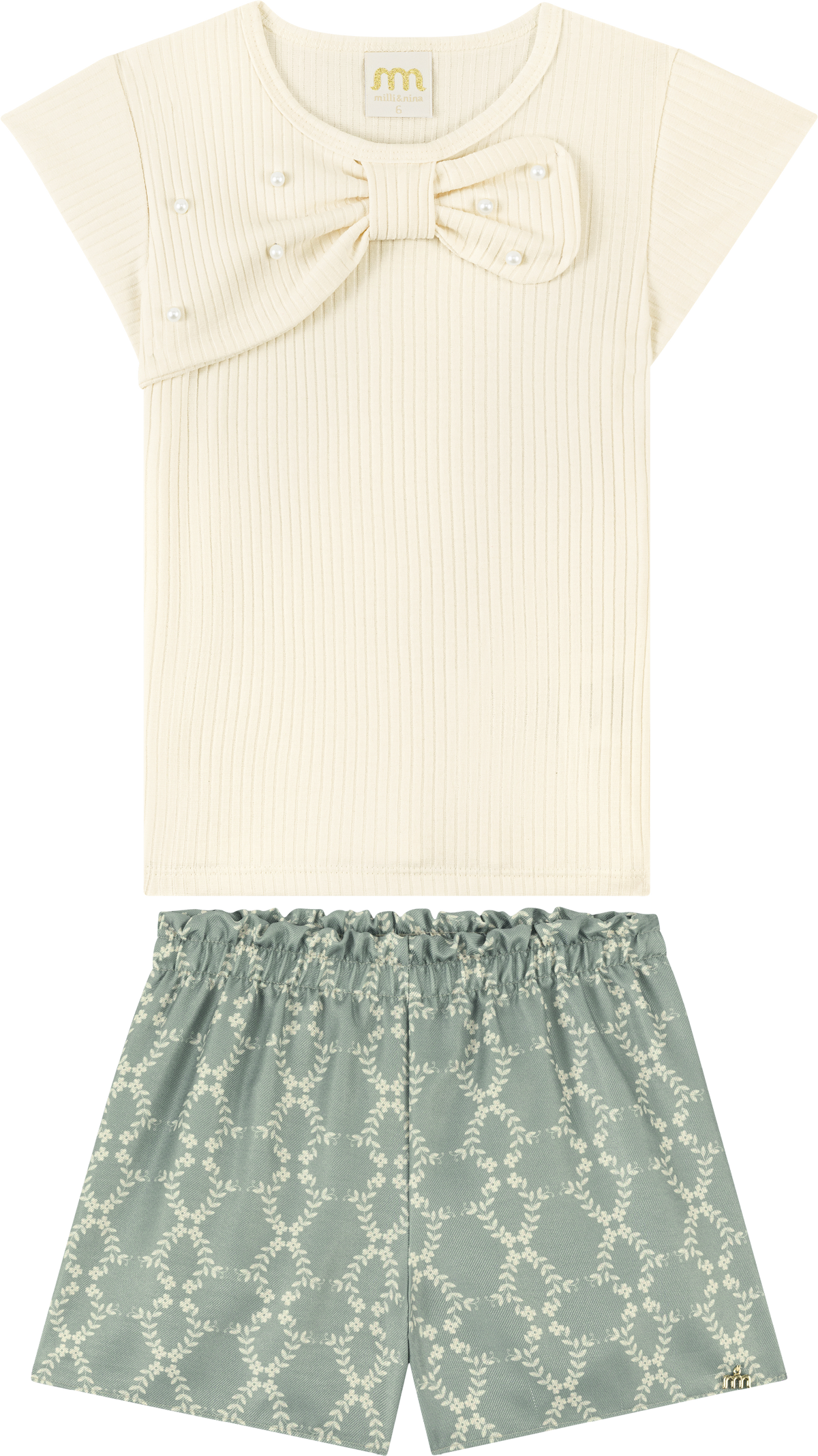 Foto oficial em alta — Conjunto Blusa em Canelado e Shorts Tecido Milano Milange Laise Arabesco — BG0048 — frente