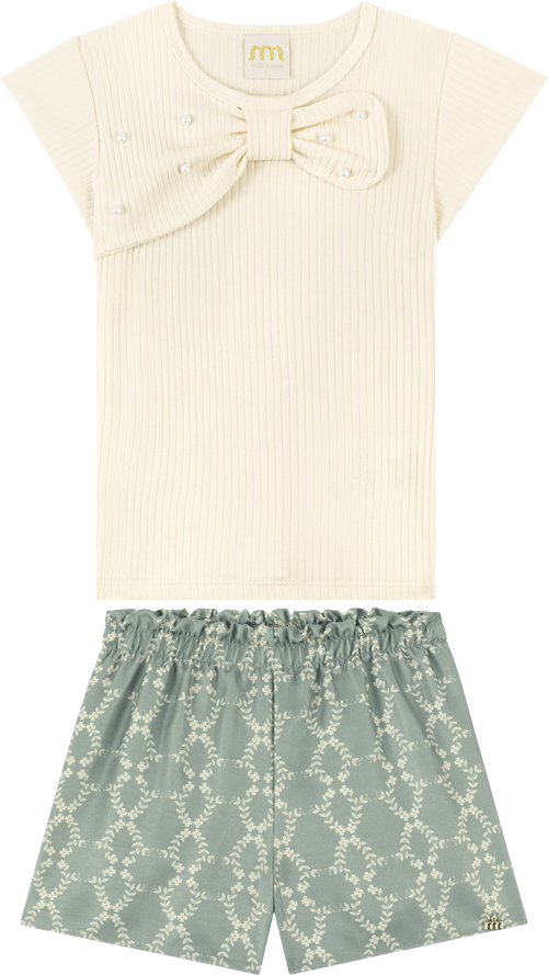 Foto oficial em alta — Conjunto Blusa em Canelado e Shorts Tecido Milano Milange Laise Arabesco — BG0048 — frente
