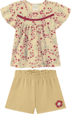Foto oficial em alta — Conjunto Blusa em Cotton Penteado Minifloral e Short em Malha Wafer — BG0049 — frente