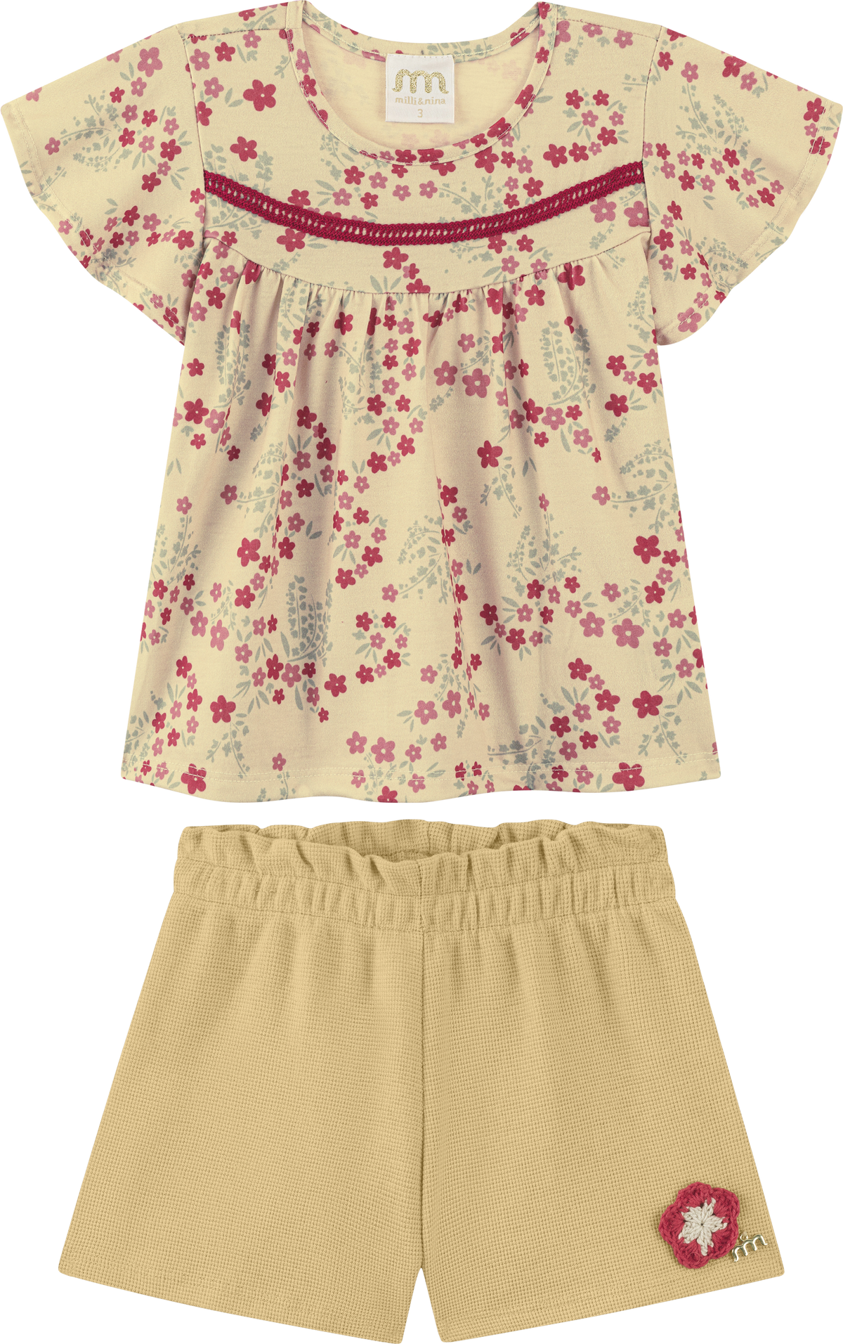 Foto oficial em alta — Conjunto Blusa em Cotton Penteado Minifloral e Short em Malha Wafer — BG0049 — frente